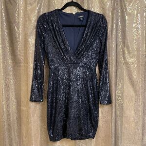 Express‎ Navy Blue Long Sleeve Sequin Surplice Style Mini Dress, XS